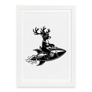Reindeer flies on rocket - Framed poster (27 × 37 cm) - white - Front
