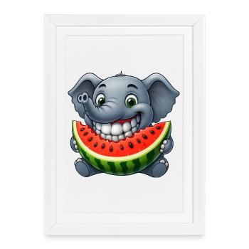 Éléphant joyeux avec un sourire d’été au melon - Affiche encadrée (27 × 37 cm) - blanc - Devant