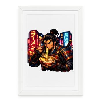Ramen Cyber Samouraï Neon - Affiche encadrée (27 × 37 cm) - blanc - Devant