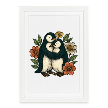 Enlacer des manchots dans un rideau de fleurs - Affiche encadrée (27 × 37 cm) - blanc - Devant