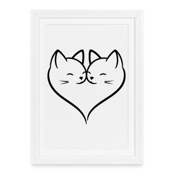 Art de traits d’amour en forme de cœur de chat | Duo romantique mignon de chats - Affiche encadrée (27 × 37 cm) - blanc - Devant