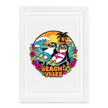 Ambiance plage Penguins on the Beach Motif des sentiments d’été - Affiche encadrée (27 × 37 cm) - blanc - Devant