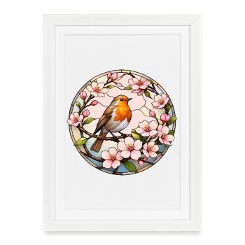 Robin with cherry blossoms spring motif - Framed poster (27 × 37 cm) - white - Front
