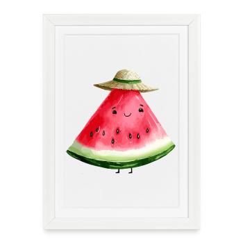 Pastèque Kawaii avec chapeau de soleil - Affiche encadrée (27 × 37 cm) - blanc - Devant