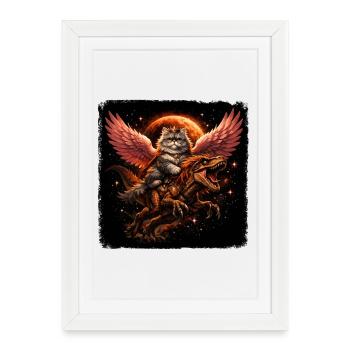 Reine des chats sur T-Rex avec des ailes dans l’espace - Affiche encadrée (27 × 37 cm) - blanc - Devant
