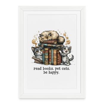 Read Books Pet Cats Be Happy Cats Bookworm - Framed poster (27 × 37 cm) - white - Front