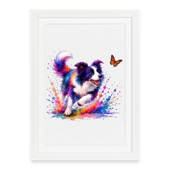 Art aquarelle de chiens de berger Border Collie - Affiche encadrée (27 × 37 cm) - blanc - Devant
