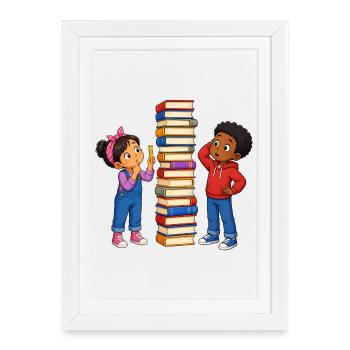 Kids Stack of Books Fair Funny Learning Motif - Framed poster (27 × 37 cm) - white - Front
