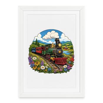 Locomotive à vapeur dans une mer colorée de fleurs - Affiche encadrée (27 × 37 cm) - blanc - Devant