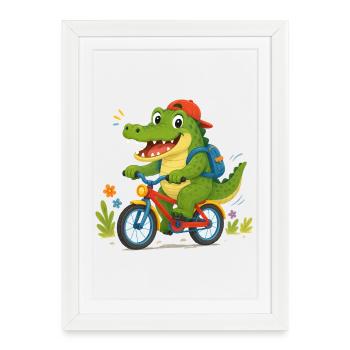 Cheerful crocodile riding a bicycle to school - Framed poster (27 × 37 cm) - white - Front