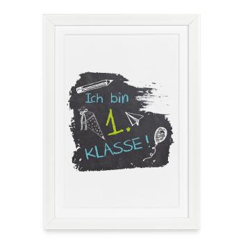 Ich bin 1. Klasse | Tafel Kreide - blau grün - Gerahmtes Poster (27 × 37 cm) - Weiß - Vorne