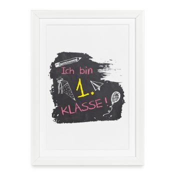 Ich bin 1. Klasse | Tafel Kreide - rosa gelb  - Gerahmtes Poster (27 × 37 cm) - Weiß - Vorne