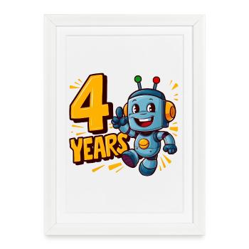 Fête d’anniversaire de quatre ans mignon petit robot pour enfants. - Affiche encadrée (27 × 37 cm) - blanc - Devant