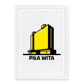 Saw vous souhaite la bienvenue. La ville de Piła et le bâtiment de l’hôtel Gromada - Affiche encadrée (27 × 37 cm) - blanc - Devant