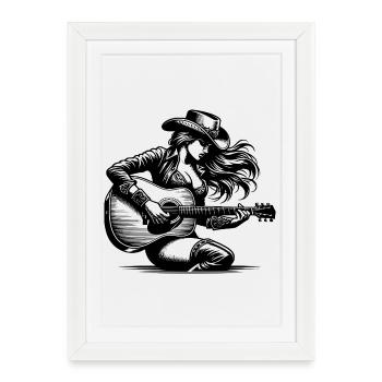 Femme avec guitare – Retro Line Art Clipart - Affiche encadrée (27 × 37 cm) - blanc - Devant