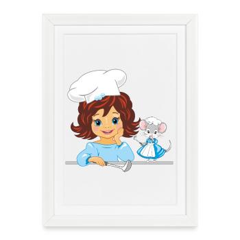 Une cuisinière souriante et une jolie souris chef - Affiche encadrée (27 × 37 cm) - blanc - Devant