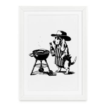 Funny Grill - Chien au design rétro avec chemise à bière - Affiche encadrée (27 × 37 cm) - blanc - Devant