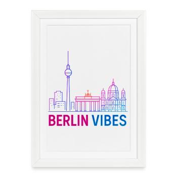 Berlin Vibes Neon Skyline Silhouette Ville - Affiche encadrée (27 × 37 cm) - blanc - Devant