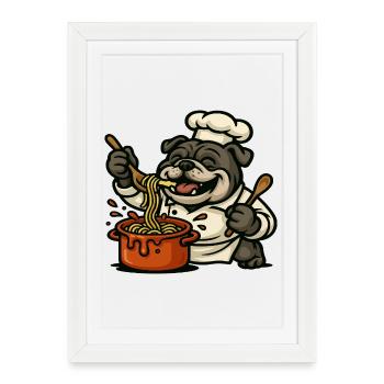 Bulldog Chef Cuisine Pâtes Happy Cartoon Design - Affiche encadrée (27 × 37 cm) - blanc - Devant