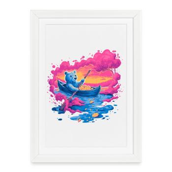 Neon bear in pink sunset canoe - Framed poster (27 × 37 cm) - white - Front
