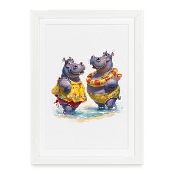 Two Hippos in Bathing Suit - Framed poster (27 × 37 cm) - white - Front