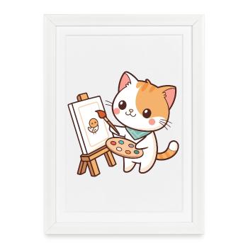 Artist Cat and Little Chick - Framed poster (27 × 37 cm) - white - Front