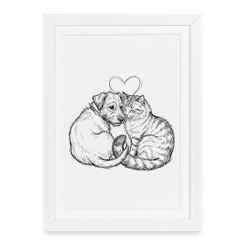 Cute Friends (Cat + Dog) - Framed poster (27 × 37 cm) - white - Front