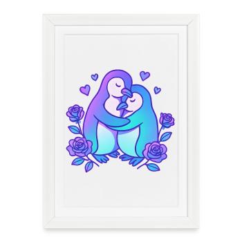 Duo d’amour des manchots dans la roseraie - Affiche encadrée (27 × 37 cm) - blanc - Devant