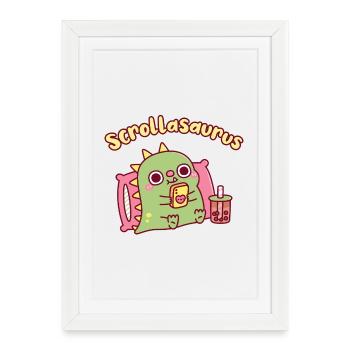 Un dinosaure Scrollasaurus mignon qui fait défiler sur un téléphone - Affiche encadrée (27 × 37 cm) - blanc - Devant