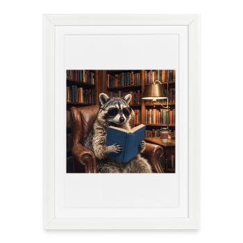 Reading raccoon in library - Framed poster (27 × 37 cm) - white - Front