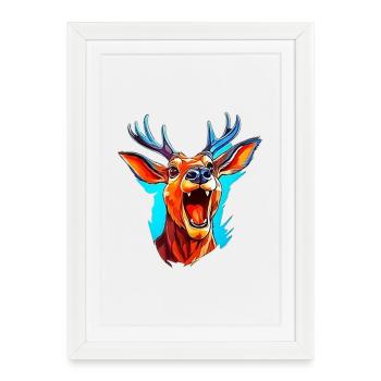 Illustration drôle de tête de cerf hurlante - Affiche encadrée (27 × 37 cm) - blanc - Devant