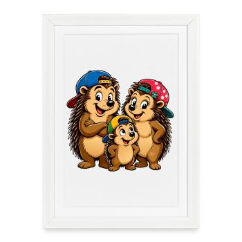 Famille de hérissons drôle avec une casquette de baseball - Affiche encadrée (27 × 37 cm) - blanc - Devant