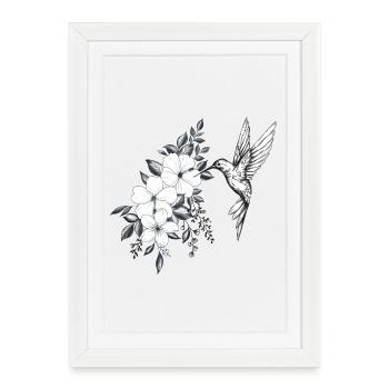 fleurs de cerisier et hibiscus, petit oiseau colib - Affiche encadrée (27 × 37 cm) - blanc - Devant