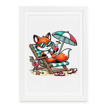 Cheerful cartoon fox on the beach on a lounger - Framed poster (27 × 37 cm) - white - Front