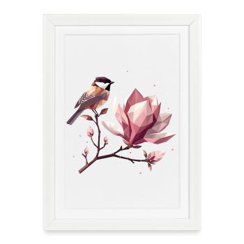 Oiseau sur branche de magnolia – Composition harmonique - Affiche encadrée (27 × 37 cm) - blanc - Devant