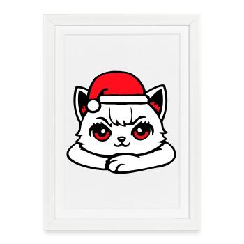 Chat Confiant Père Noël Chapeau Chaton Mignon - Affiche encadrée (27 × 37 cm) - blanc - Devant