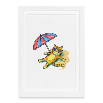 Chat de plage coloré avec parasol - Affiche encadrée (27 × 37 cm) - blanc - Devant