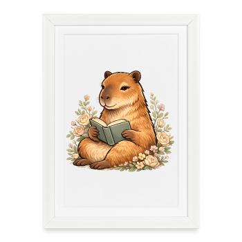 Lire la capybara avec l’amoureux des livres des fleurs - Affiche encadrée (27 × 37 cm) - blanc - Devant