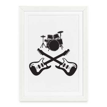 Batterie et guitares croisées Art rupestre - Affiche encadrée (27 × 37 cm) - blanc - Devant