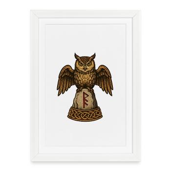 Hibou sur pierre runique avec knotwerk - Affiche encadrée (27 × 37 cm) - blanc - Devant
