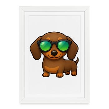 Dachshund Dog with Sunglasses Summer Cartoon - Framed poster (27 × 37 cm) - white - Front