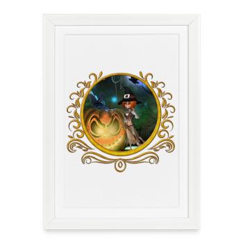 Cute little witch with pumpkin at night - Framed poster (27 × 37 cm) - white - Front
