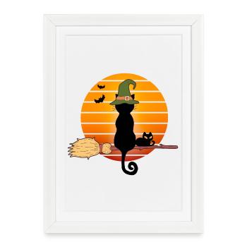 halloween, balai de sorcière, chat noir - Affiche encadrée (27 × 37 cm) - blanc - Devant