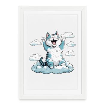 Chat qui se réveille, humour de chat ! - Affiche encadrée (27 × 37 cm) - blanc - Devant