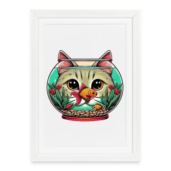 Chat d’aquarium avec poisson rouge - Affiche encadrée (27 × 37 cm) - blanc - Devant