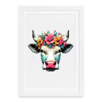 Vache avec des fleurs - Affiche encadrée (27 × 37 cm) - blanc - Devant