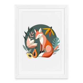 Renard aux fleurs et fruits tropicaux - Affiche encadrée (27 × 37 cm) - blanc - Devant