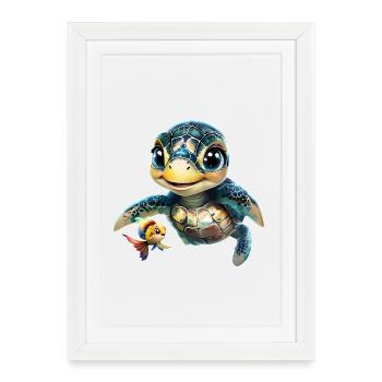 Animated Sea Turtle with Goldfish - Framed poster (27 × 37 cm) - white - Front