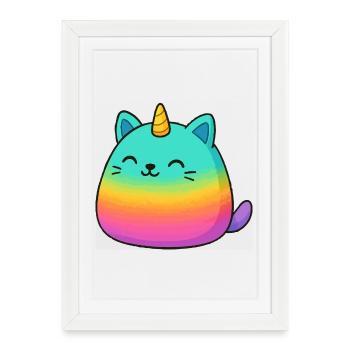 Chat licorne arc-en-ciel rose - Affiche encadrée (27 × 37 cm) - blanc - Devant