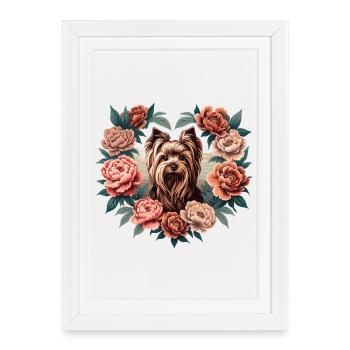 Terrier floral dans un cadre de pivoine - Affiche encadrée (27 × 37 cm) - blanc - Devant